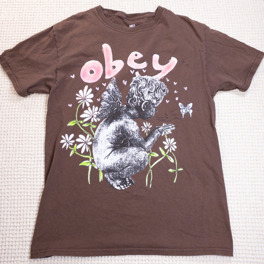 Obey Cherub Angel Graphic Tee Brown Short Sleeve T-Shirt Mens Small